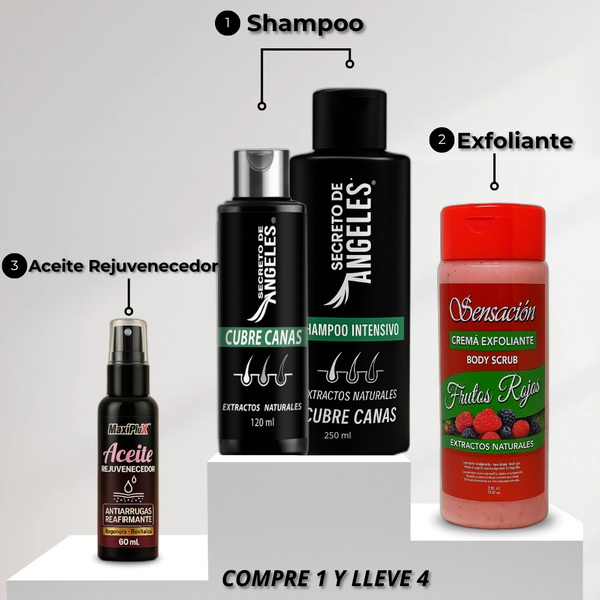 (COMPRE 1 LLEVA 4) Kit Shampoo Anticanas + Exfoliante Corporal +Aceite Rejuvenecedor | Envío Gratis